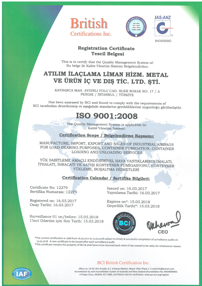 Sertifikalar ve Hava Yastığı Marka Tescili | ADB Atılım Dunnage Bag, Taşımacılıkta Yükünüz Güvende